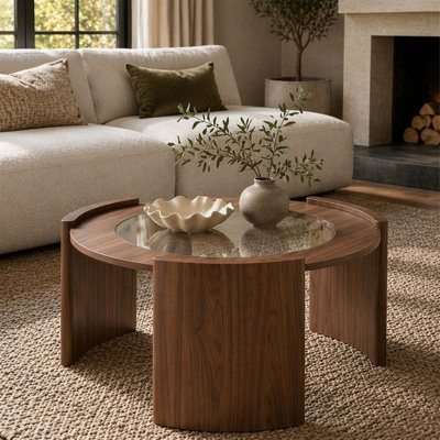 Table basse ronde de style Mid-Century moderne, table centrale en bois et verre de 31,5 pouces, table de cocktail circulaire avec pieds courbés épais et plateau en verre trempé pour le salon rétro rétro, noyer