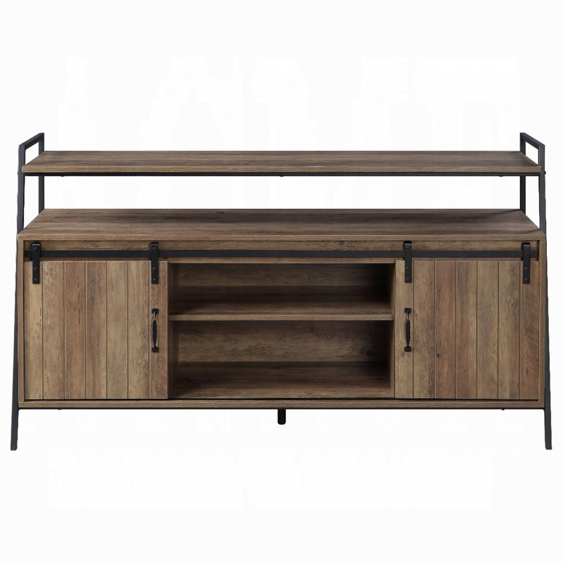 Meuble télé rustique avec porte de grange coulissante en chêne et noir, convient aux meubles de style industriel moderne de 58 pouces