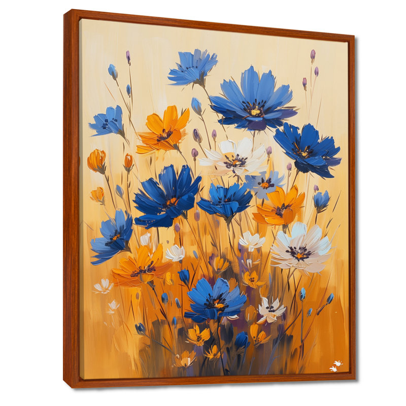 «Yellow Blue Radiant Bloom Cornflowers In Farm IV», impression d'art mural, Toile avec cadre flottant brun