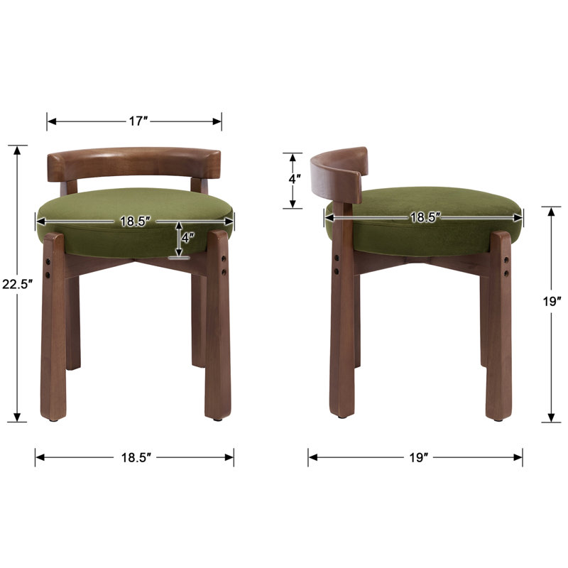 Upholstered Accent Stool With Low Back, Modern Vanity Chair For Bedroom/Living Room, Green/Walnut Velvet