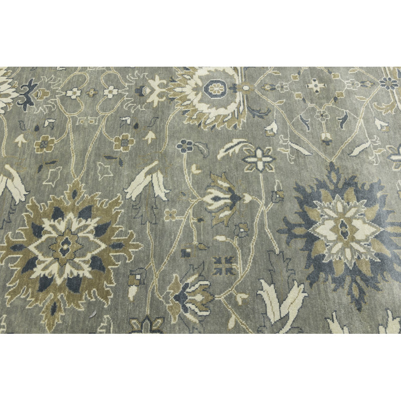 Floral Handmade Hand-Knotted Rectangle 9'1" x 11'10" Wool Area Rug in Cream