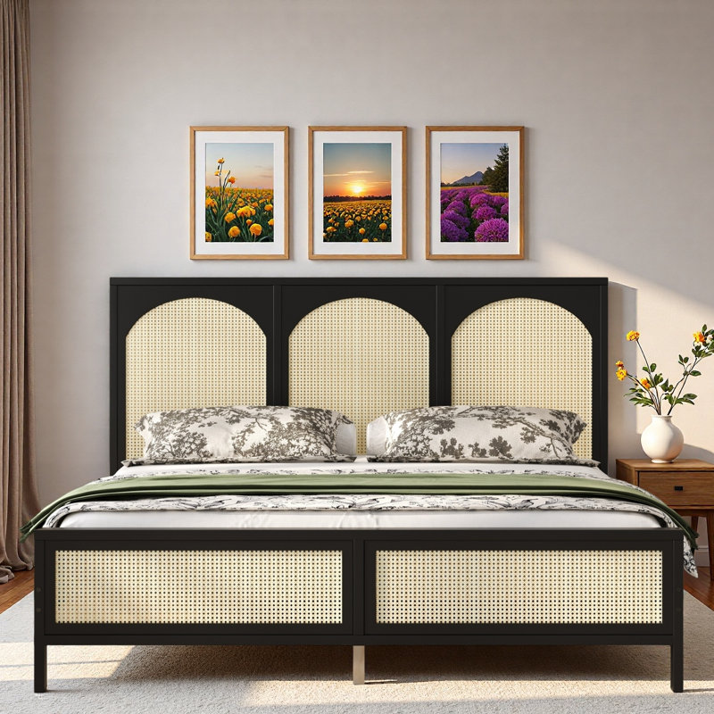 Wood Platform Bed With Rattan Headboard, Black, Queen