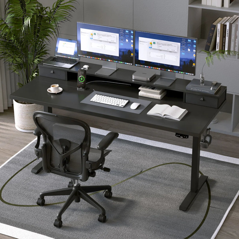 Bureau électrique à hauteur réglable de 48 po avec tiroirs, bureau à domicile avec grande tablette pour moniteur, Noir