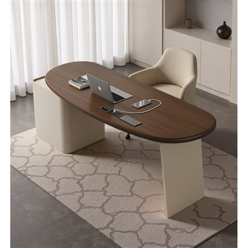 Bureau moderne en bois massif minimaliste avec cuir de selle, H 29,52 po x l 55,11 po x P 25,58 po
