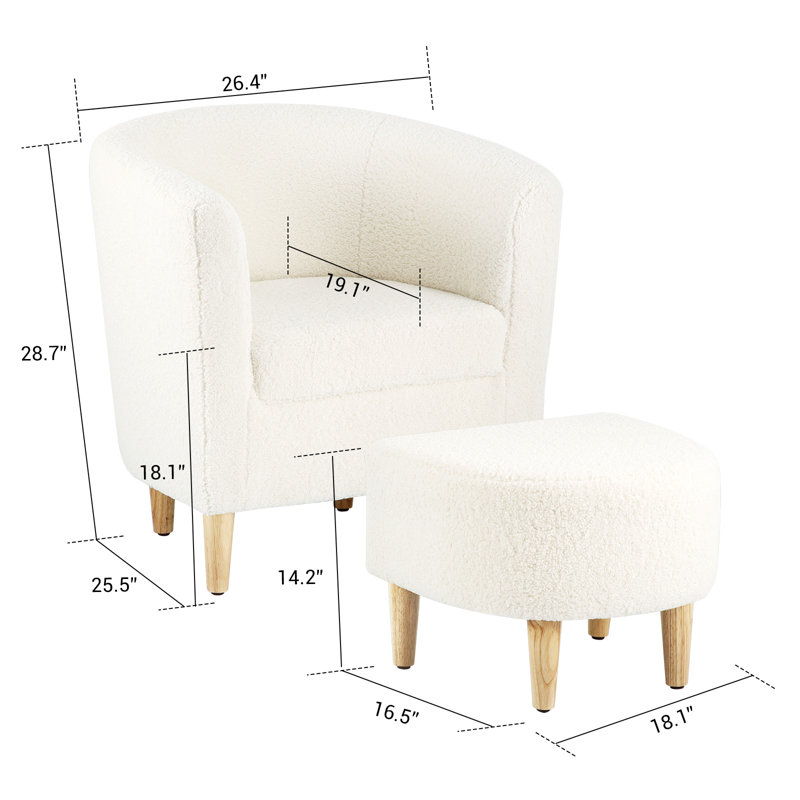 Upholstered 27" Wide Barrel Chair with Ottoman, White Teddy