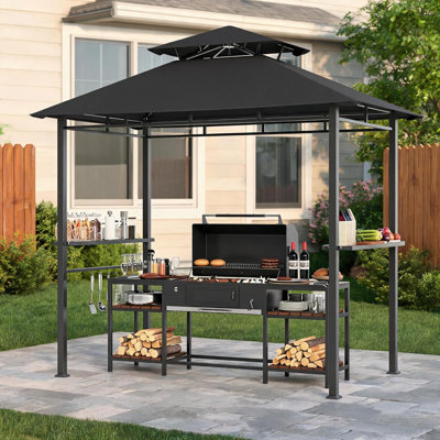 Pavillon de jardin grillagé 8 pi x 5 pi avec 2 tables d'appoint, abri pour barbecue à deux niveaux avec crochets et ouvre-bouteille pour patio, noir