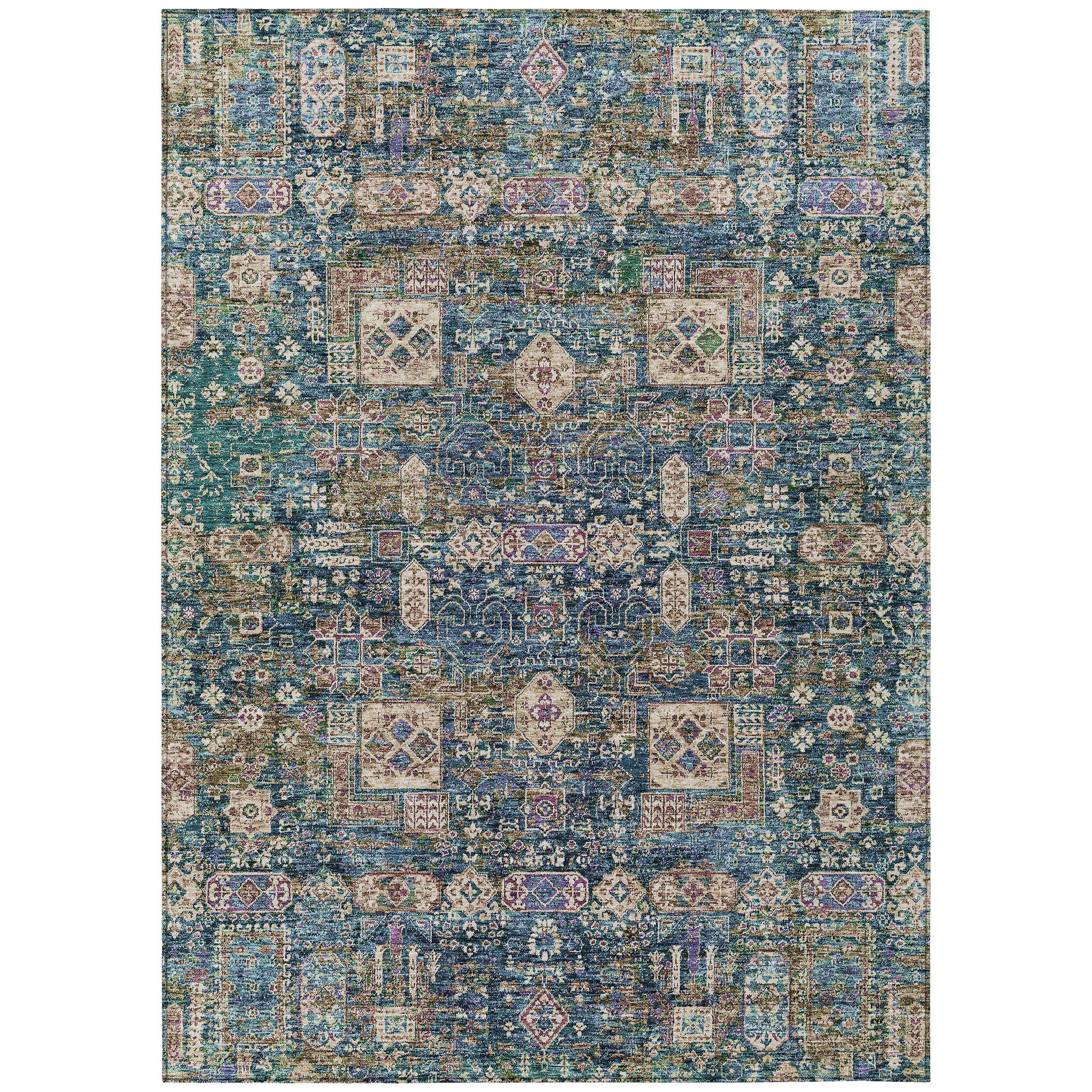 HomeRoots 5' X 8' Green Navy Blue And Ivory Oriental Washable Indoor ...