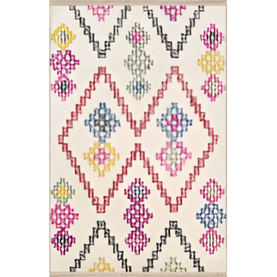 Pink Beige Themed Geometric Square Patterned Modern Decorative Machine Washable Rug