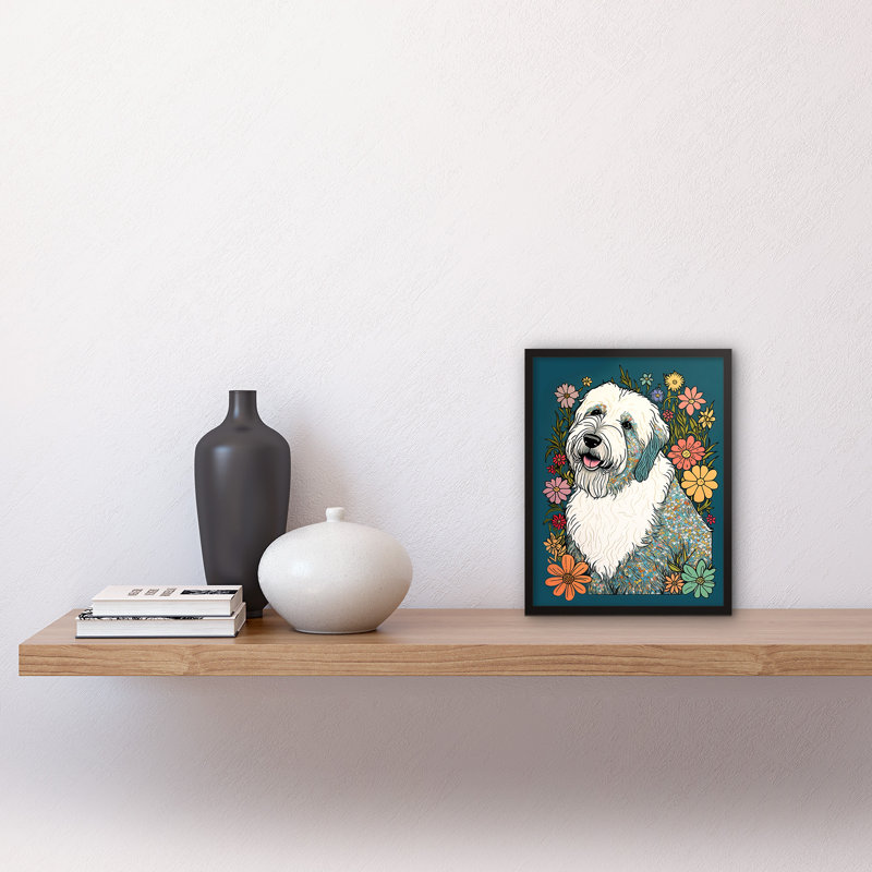 English Sheepdog With Multicolour Daisies Bright Flowers Modern - Single Picture Frame Print