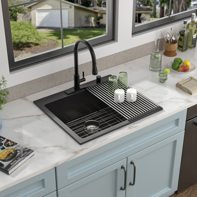 Évier de cuisine en granite à simple cuve à montage sur plan 25 po x l 22 po en quartz