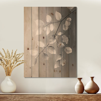Galet gris feuilles veines de la nature I - décoration murale en bois de feuilles - sur bois de pin naturel