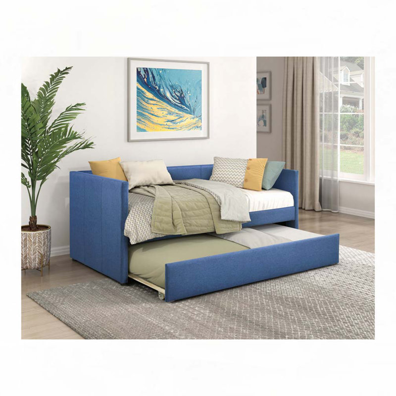 Upholstery Wooden Frame Daybed with Pull Out Trundle, Blue