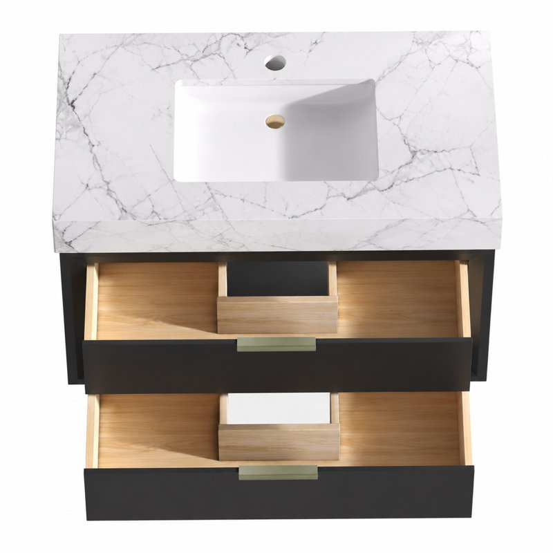 36 " W Wall Mounted Wall Mounted Single Double Single Vanity Bathroom Vanity With Engineered Marble Top, Black