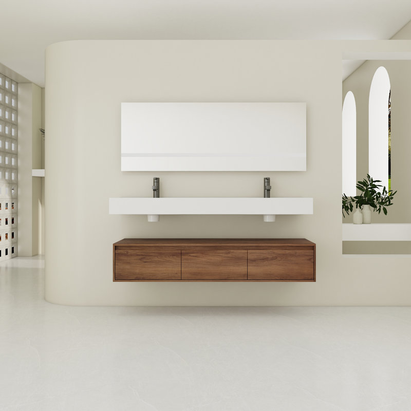 60 Inch Wall-Mounted Bathroom  Vanity With Resin Sink,Soft Close Drawer,Float Mounting Design, Brown Ebony