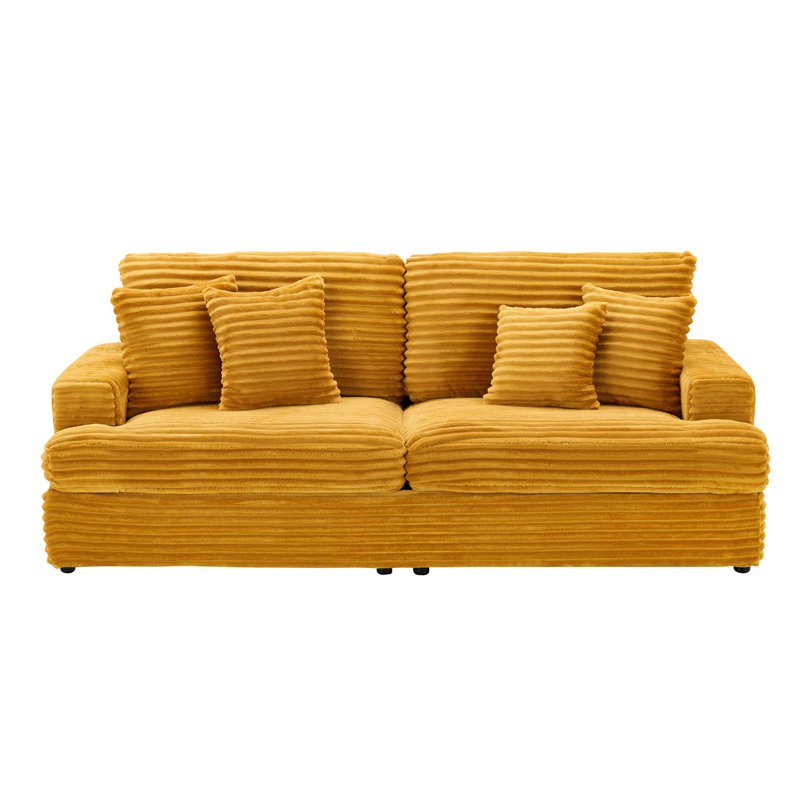 79.3'' Modern Corduroy Upholstered 3-Seater Sofa with 4 Throw Pillows, Orange, 31.5" H x 79" W x 34.05" D