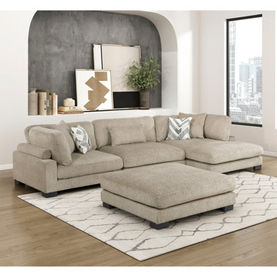 Contemporary Brown 4-Piece Modular Sectional with Chaise Ottoman Plush Comfortable Pillows Upholstered Solid Wood Living Room Furniture