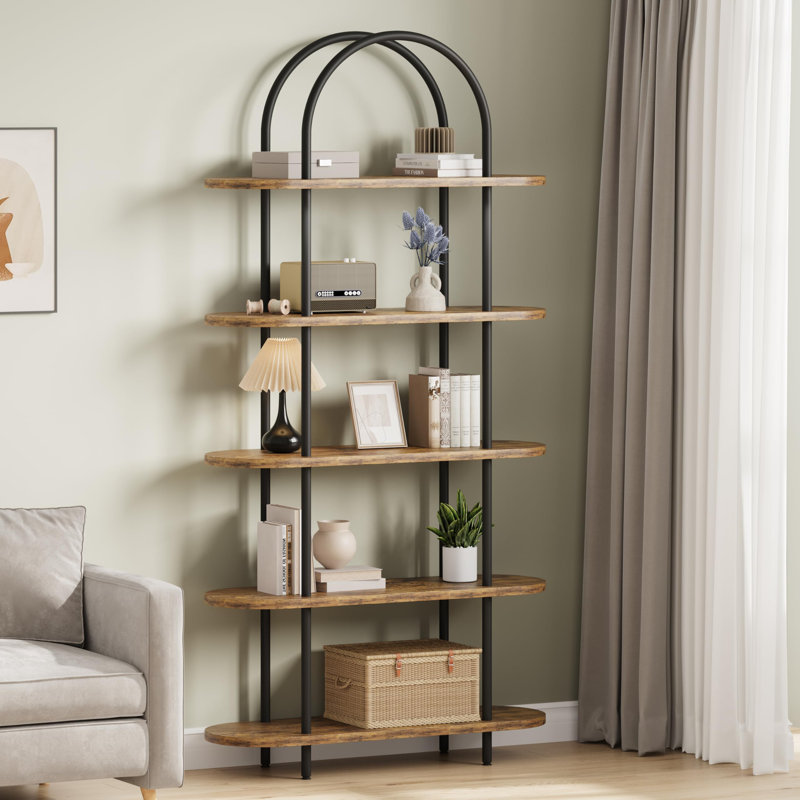 71" Bookshelf 5 Tier Bookcase Arched Display Racks Tall Bookshelf Freestanding Open Storage Shelf, Black