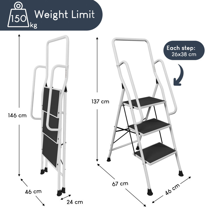 4.4ft Steel 3 Step Ladder With Safety Handrail Foldable Safety Non Slip Matt Safe Heavy Duty