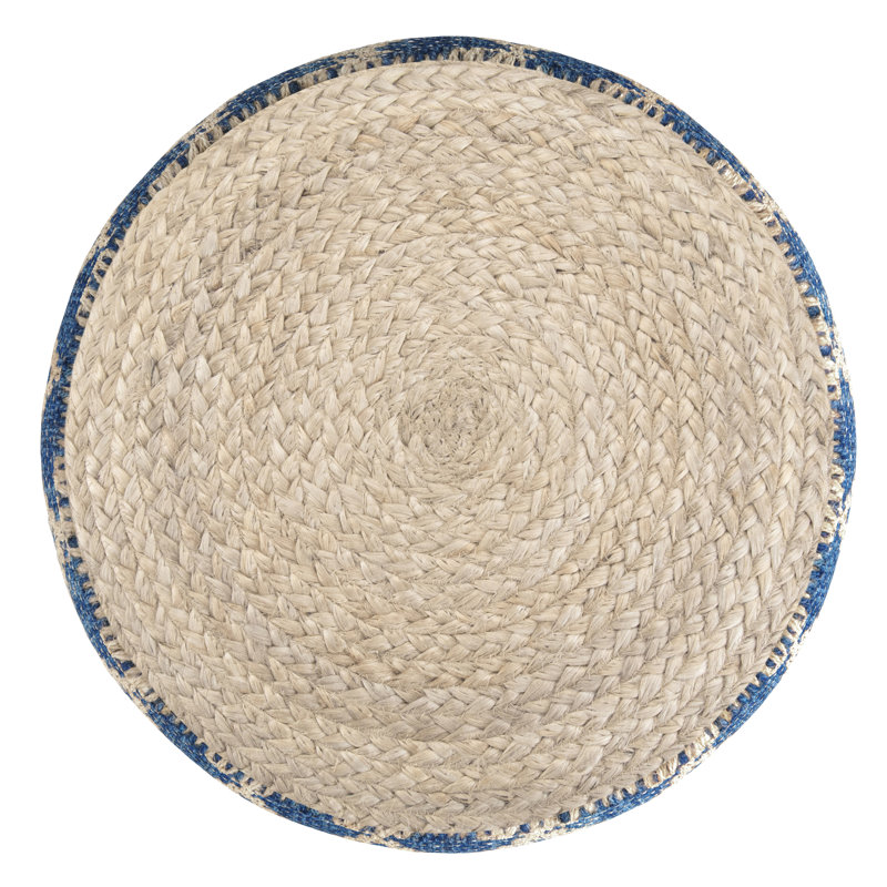 Classic Blue and Natural Woven Jute Round Pouf