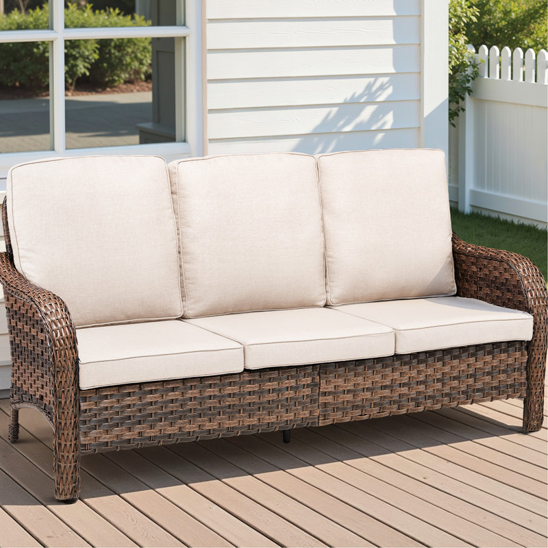 Outdoor 70.9" Pe 3 Seat With Beige Cushions, Elegant Coastal Vibes, Padded Cushions To Water, , Fade, Weather, And , Ergonomic Back Arm Support, Suitable For Indoor Use, Simple Assembly Upkeep