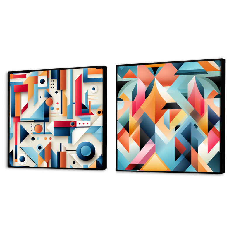 Multicolor Eclectic Geometric Diversity III - Abstract Shapes Square Collage Set Of 2, Black Floater Framed, 16" H x 33" W