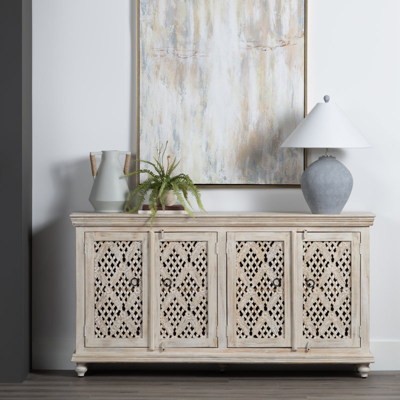 72 in. Tan Solid Wood White-Washed Lattice Design 4 Door Media Credenza_Sideboard