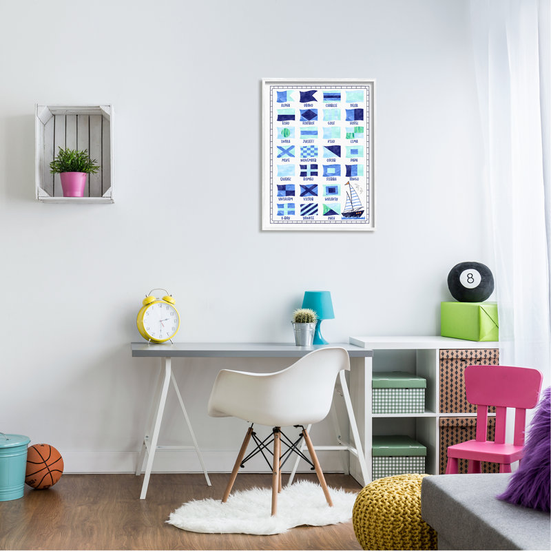 " Blue Nautical Flag Sailing Maritime Symbols Chart " by Erica Billups, 30" H x 24" W, Coastal White Framed Giclee
