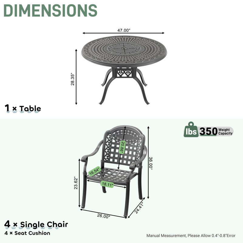 Ensemble de salle à manger d'extérieur rond en aluminium moulé de 5 pièces (120 cm) avec trou pour parasol, 4 chaises empilables et coussins bleus.