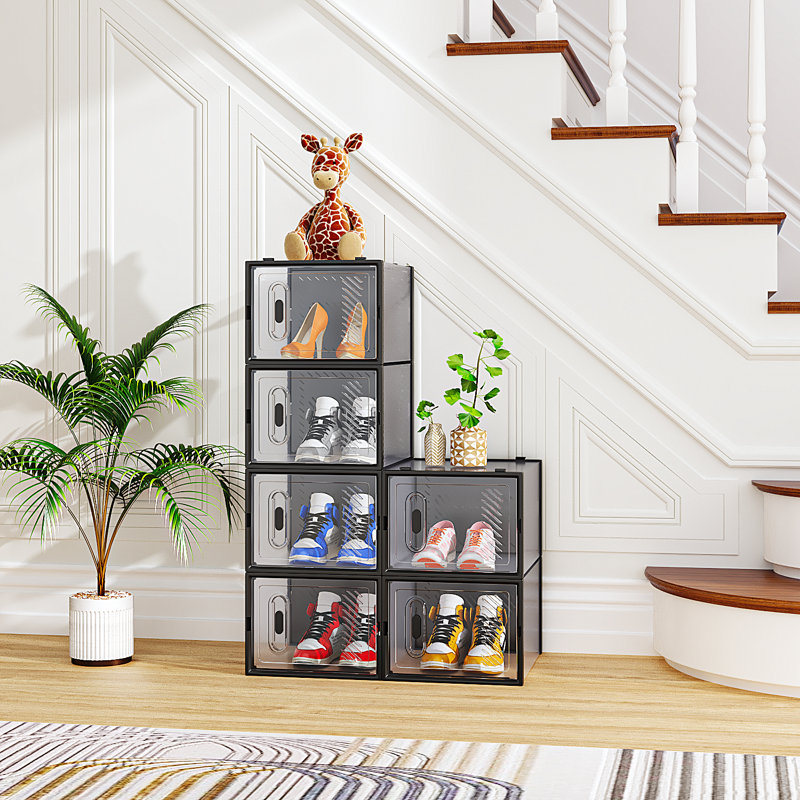 Large Shoe Storage Box Organizers Stackable (Set Of 6), Clear/Black