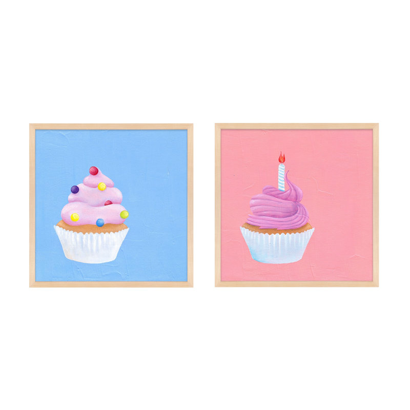 Birthday Cupcakes. Set Of 2 Print by Katy Montica, 16" W x 16" H x 1.25" D, Beige Framed Paper