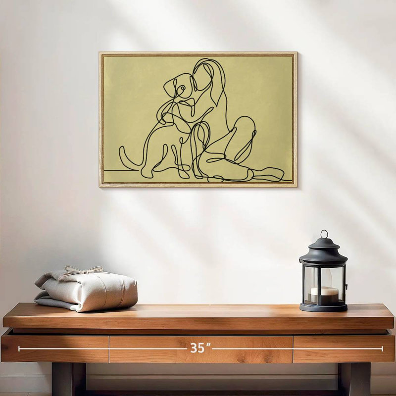 Femme aimant un chien, 19 po x 13 po, Cadre flottant en bois naturel