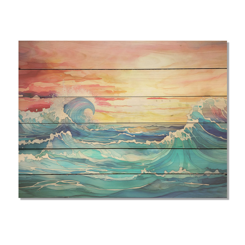 Rainbow Ocean Sunrise I - Art sur bois de pin naturel, H 10 po x l 20 po