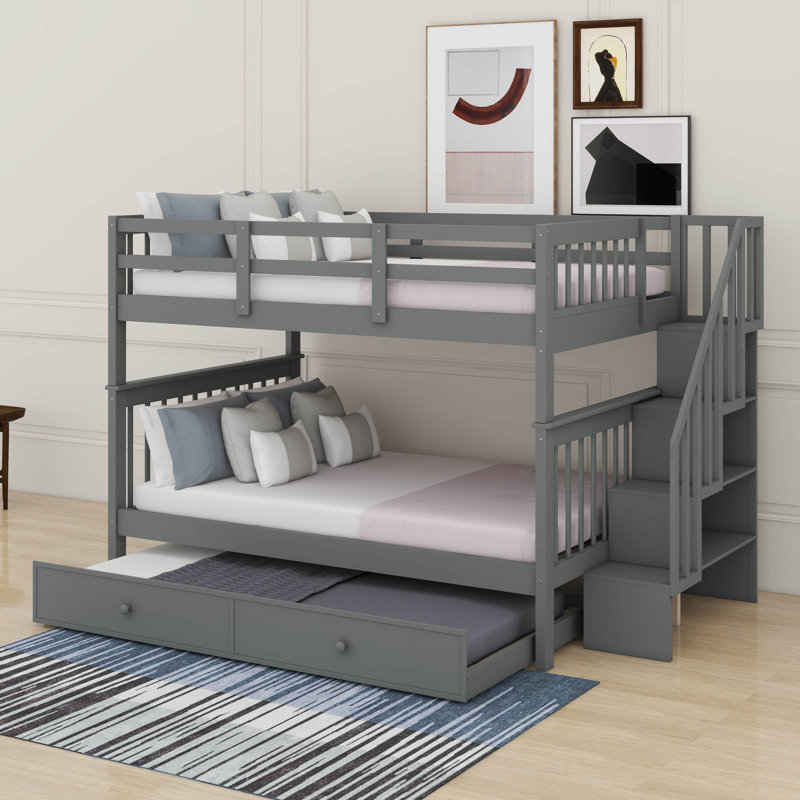 Full Over Full Bunk Bed With Trundle, Gray