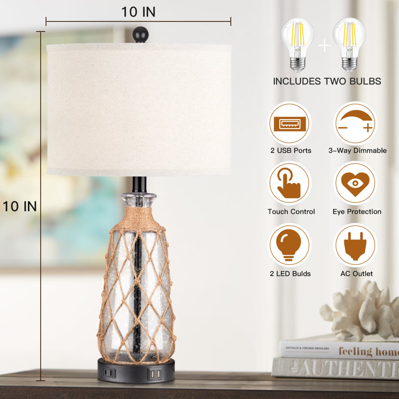 Table Lamps Set Of 2 With Usb Charging Ports, 3-Way Dimmable Touch Control, Led Bulbs, Glass Design For Bedroom, Living Room