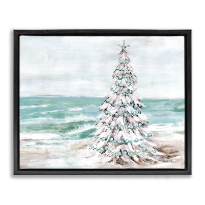 «Snowy Christmas Tree on Beach», toile encadrée flottante noire par Amanda Hilburn