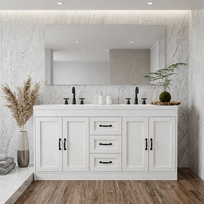 60" Bathroom Vanity with Double Sink, Freestanding Bathroom Vanity with 3 Drawers and 2 Storage Cabinets, White