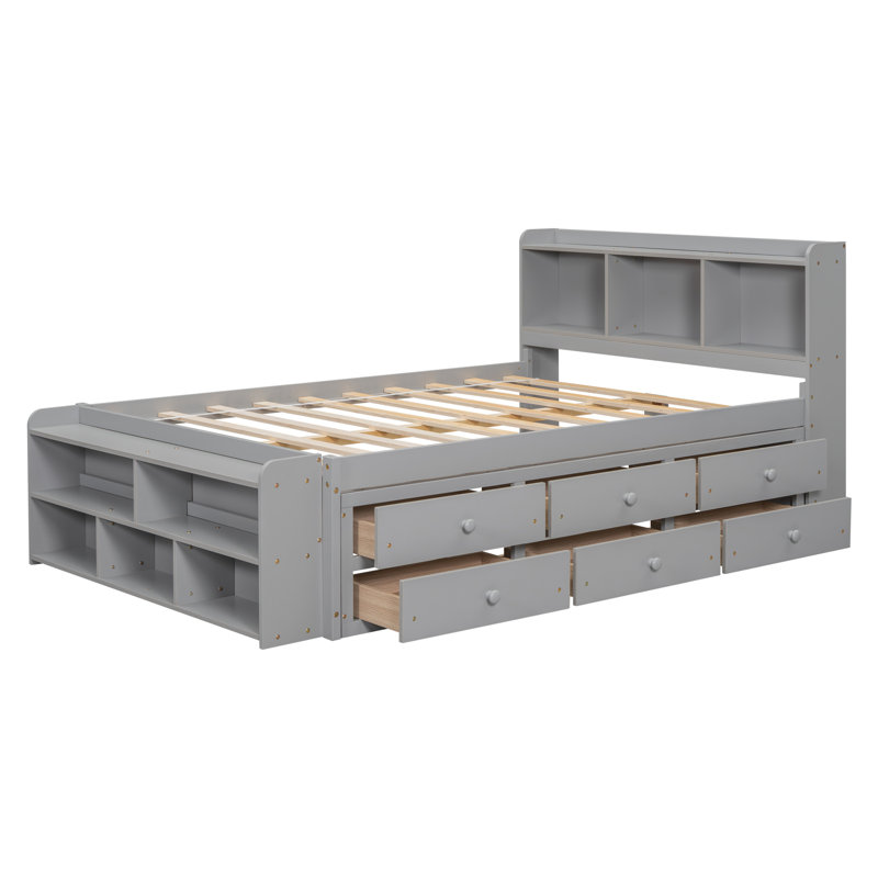 Lit double avec tête de lit bibliothèque, tiroirs de rangement sous le lit et étui de rangement, Gris