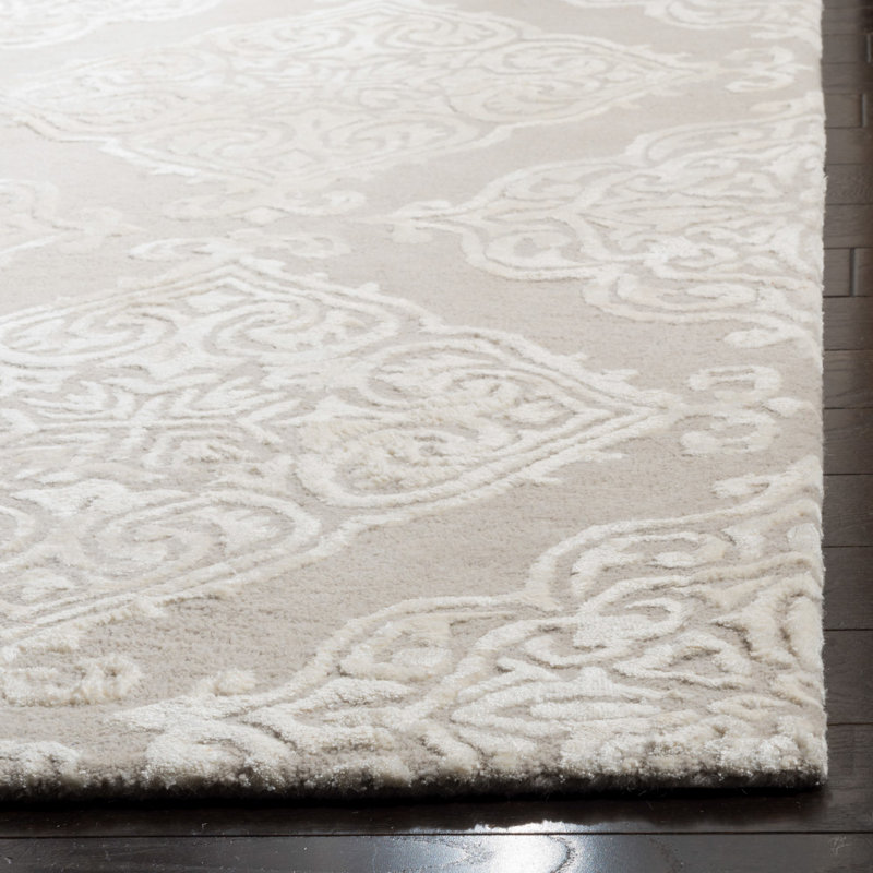 Bernon Hand Tufted Viscose/Wool Damask Rug in Silver/Ivory, Rectangle 8' x 11'