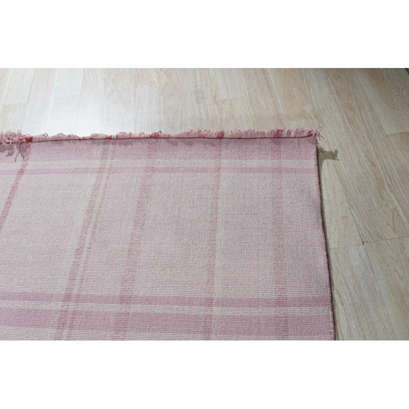 Coral Hand-Knotted Wool Salmon Plaid Weave Geometric Modern Contemporary Carpet Rug, 7'9 x 9'9
