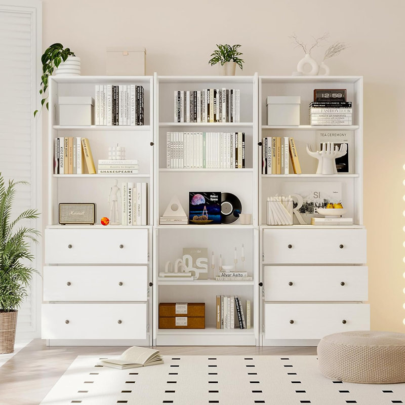 Bibliothèque moderne à 3 niveaux avec portes et tiroirs, vitrine à 5 niveaux avec portes en verre pour bureau à domicile, salle à manger (blanc)
