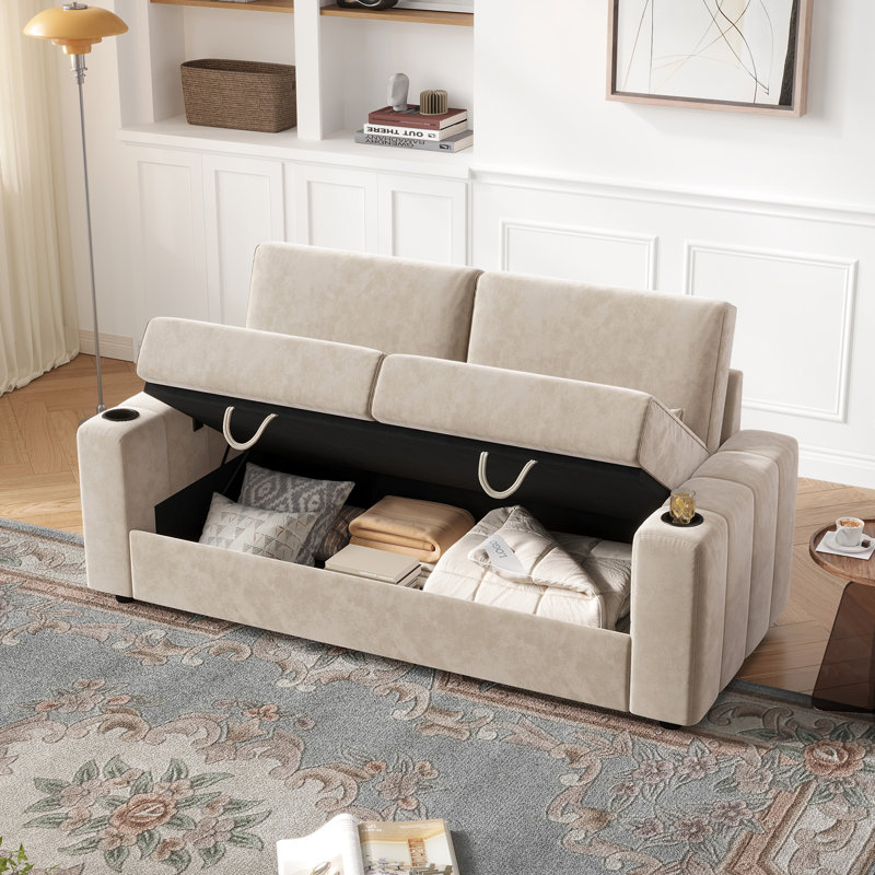 75" Loveseat Sofa, 2 Seater Couch with Storage, Deep Seat Sofa with USB Charging Ports & Cup Holders, Beige