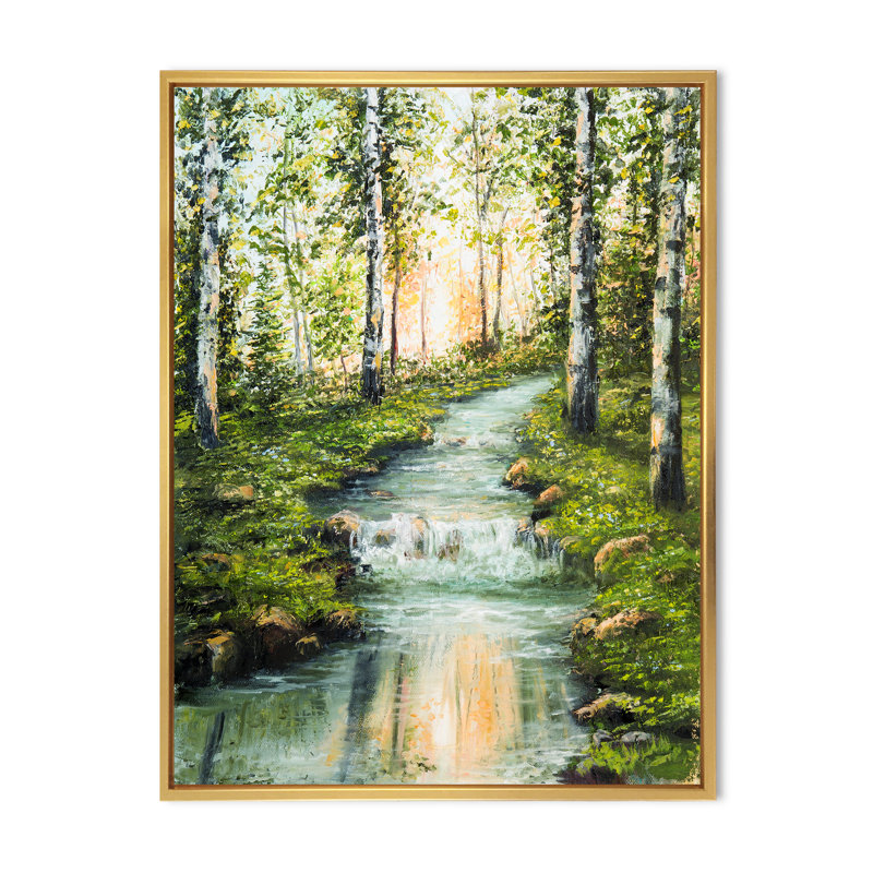 Rivière à travers forêt de bouleaux - cadre flottant, peinture sur toile, Toile encadrée d'or, H 20 po x l 12 po x P 1po