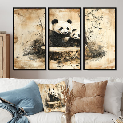 «Vintage Panda Family In The Forest I», art mural Panda - ensemble de 3