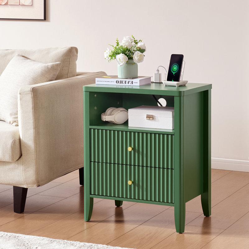 22" Nightstand with Charging Station, fluted set 2-Drawer Bedside Table with Open Shelf and Solid Wood Curved Legs, Green