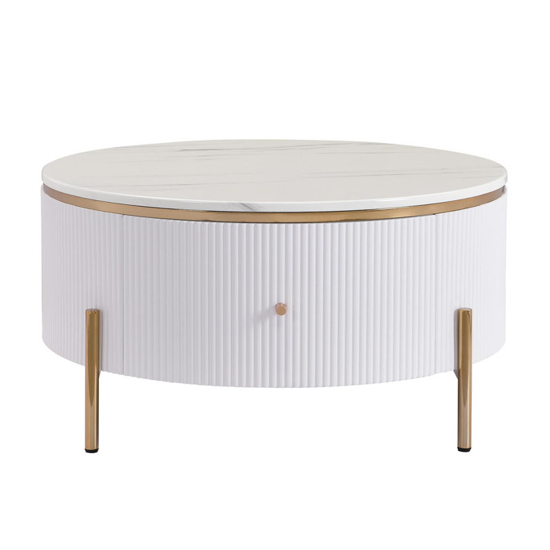 Table basse ronde moderne avec 2 grands tiroirs | Élégante table d'appoint de rangement pour le salon et le bureau, Blanc