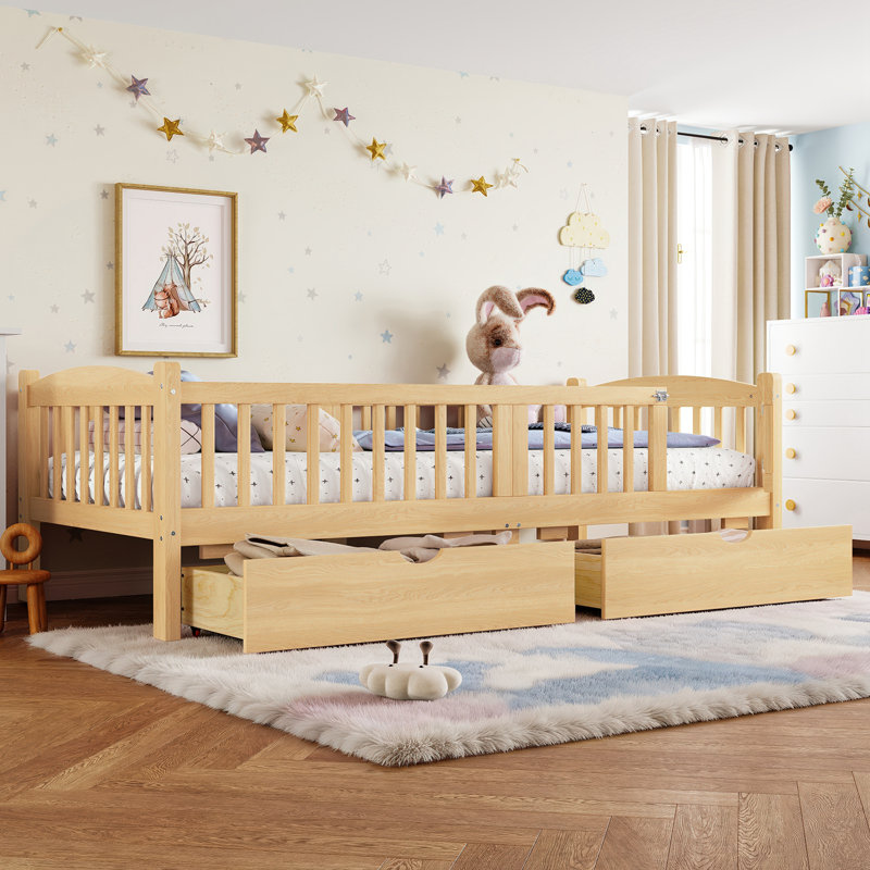Lit plateforme simple TG avec garde-corps pleine longueur et 2 tiroirs de rangement, Naturel