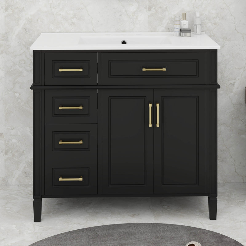 Meuble-lavabo 36 po avec lavabo en céramique, tiroir coulissant, 3 tiroirs et 2 portes, Noir