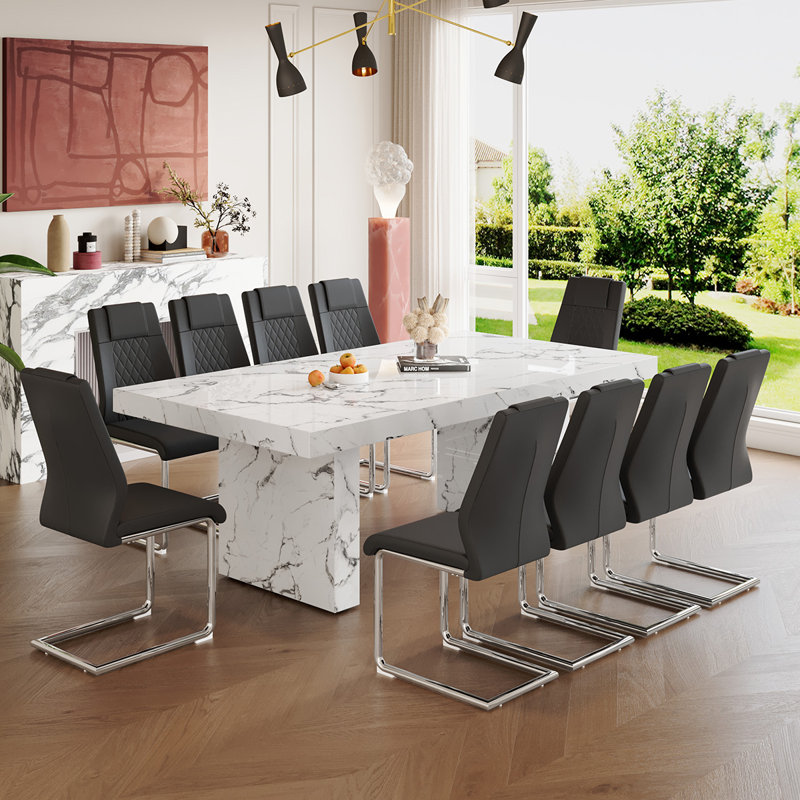 79'' Marble-Patterned Wood Dining Table Set for 10, Black, 11