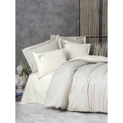Ensemble de housse de couette double Elegant Satin, 100% satin de coton, comprend une housse de couette (78,7 x 86,6), un drap plat (102,4 x 110,2), 2 taies d'oreiller (19,7 x 27,6) et 2 taies d'oreiller Oxford | Impression numérique, lavable à la machine, beige et blanc