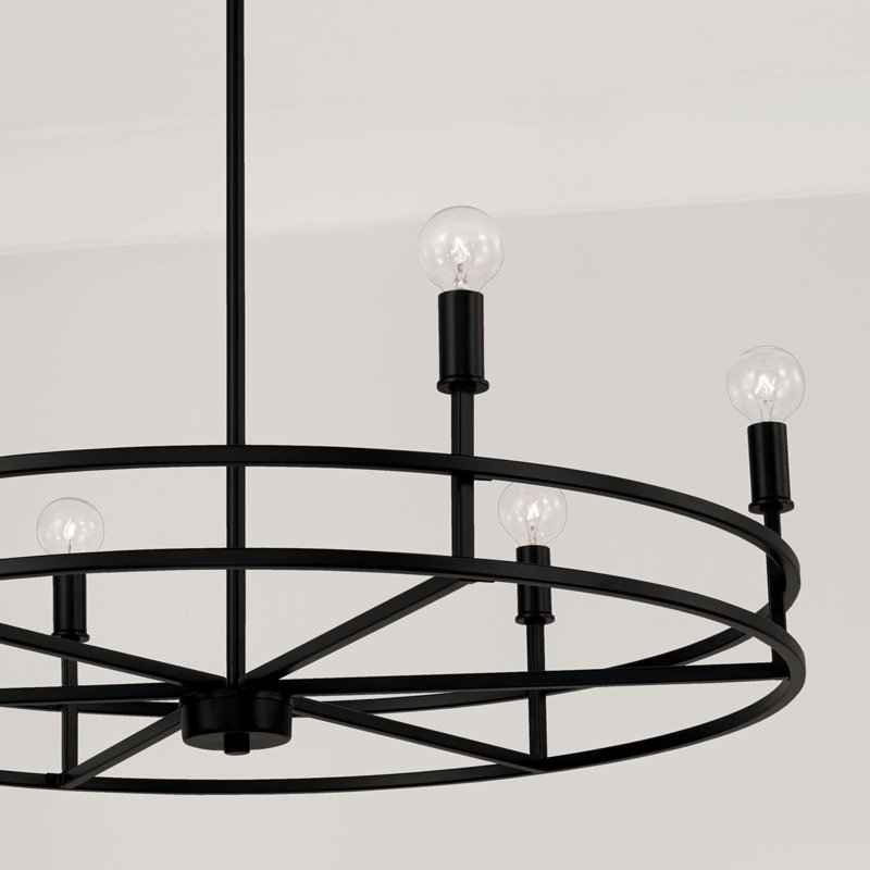 Lustre géométrique en forme de roue de chariot à 6 lumières Koziel, Noir mat
